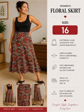Kathie Lee Collection Floral A-Line Skirt size 16
Length 32”
Has stretch